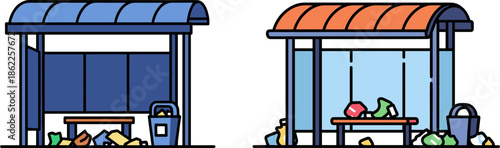 Illustration of Two Waste Bins with Trash Overflowing in a Public Setting on a Transparent Background