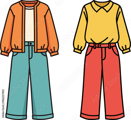 Colorful casual clothing for modern style, featuring orange jacket and blue pants alongside yellow shirt and red trousers on a transparent background