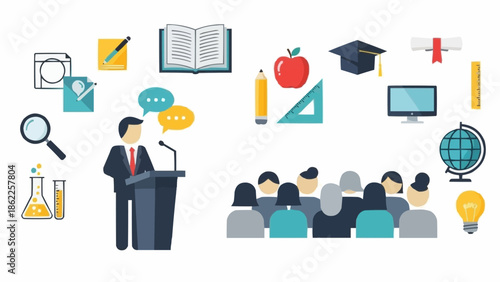 Educational Presentation with Audience and Learning Symbols.