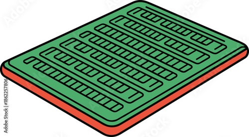 Colorful green game board with orange edges, designed for strategic gameplay, featuring various lines and shapes, isolated on a transparent background.