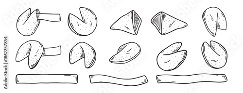 Chinese fortune cookies doodle hand drawn icon set. Outline drawing Chinese fortune cookies line clipart symbol collection