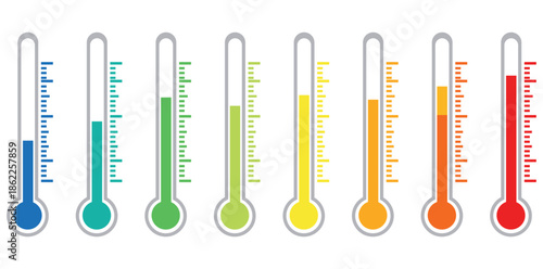 A row of colorful thermometers showing different temperature levels on a white background