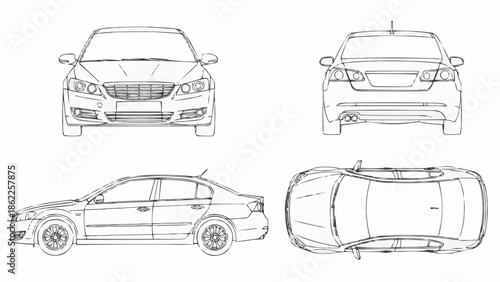 Detailed Car Blueprint - Front, Back, Side, and Top Views.