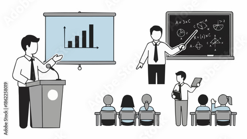 Illustrations of teachers lecturing and students attending classes in a classroom setting.