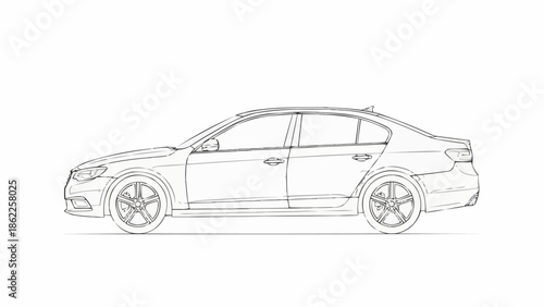Detailed Line Art Illustration of a Modern Sedan Car.