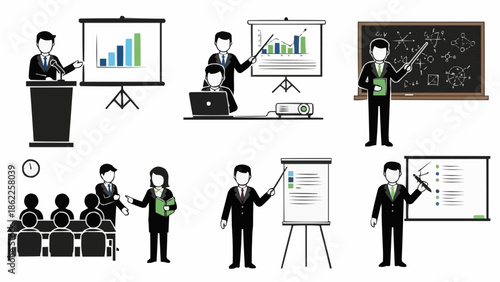 Illustrations of presenters giving presentations using various visual aids.
