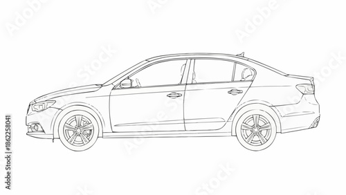 Detailed Line Art of a Modern Sedan Car.