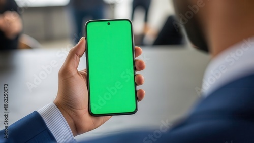 Man holding smartphone with green screen in office setting