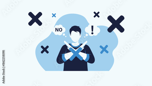 a stylistic illustration depicts a person rejecting ideas symbolized by x marks and a no thought bubble