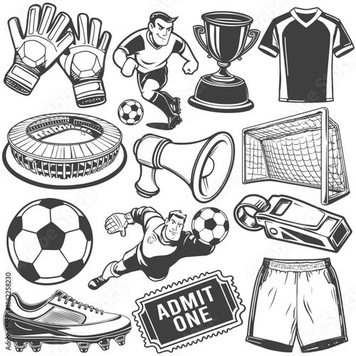 Collection of fun vector style cartoon soccer icons.