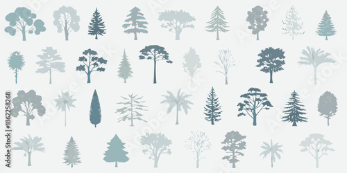 Collection of stylized trees in various shapes and shades of blue and gray