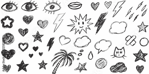 A collection of hand drawn sketches featuring eyes hearts stars and various symbols