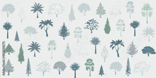 Variety of stylized trees in shades of blue and green a botanical collection