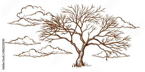 A stark abstract illustration of a bare tree against a dark background