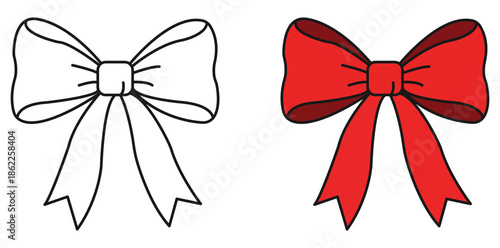 A colorful illustration of two bows, one red and one white, on a plain background