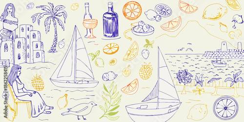 Coastal summer scene with sketches of boats citrus and mediterranean architecture
