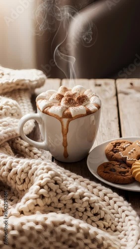 Warm cocoa steam rises above melting marshmallows and a cozy knit blanket