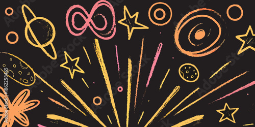 Colorful chalk drawing of planets stars and cosmic elements on a black background