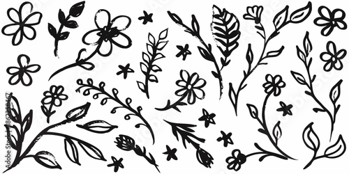Black and white floral doodles with leaves and whimsical botanical sketches