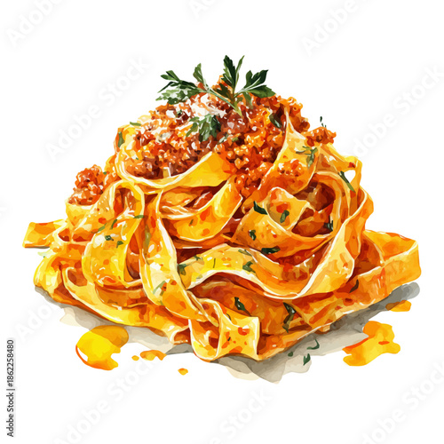 Fettuccine Bolognese in watercolor style, vector illustration, isolated on white background.