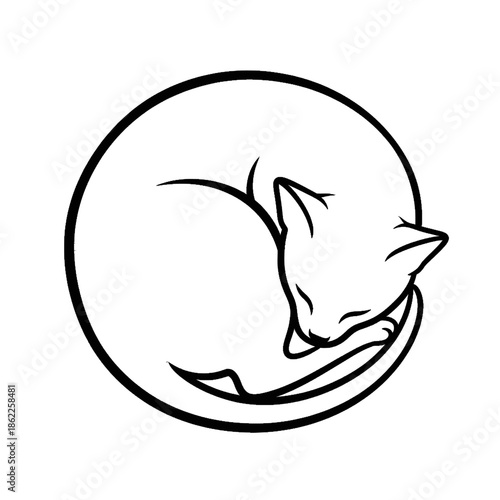 Sleeping Curled Cat Circular Tattoo Stencil with Minimalist Outlines