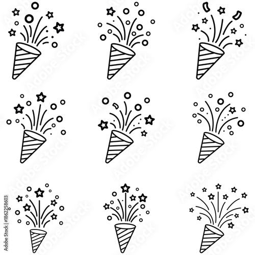 A festive illustration of party horns blowing stars and confetti on a white background