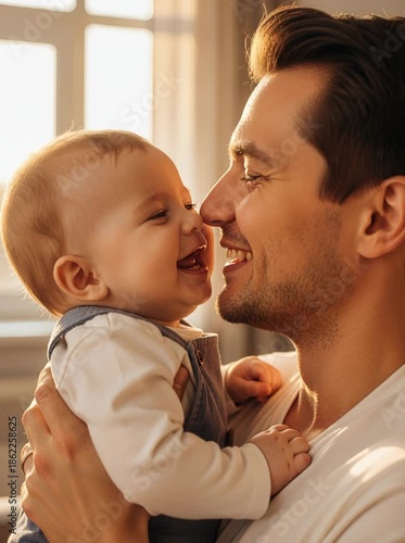 Pure joy and tender laughter as a father shares a precious moment with his happy baby in warm sunlight