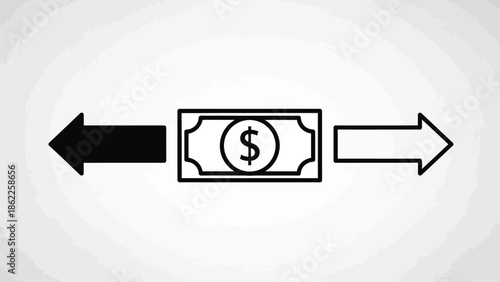 A simple black and white illustration depicting money flowing from left to right with directional arrows