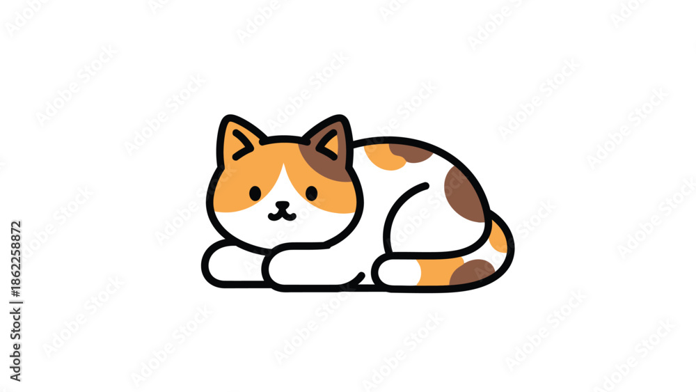 Obraz premium A cute cartoon calico cat lying down on a plain white background with a playful and relaxed mood.