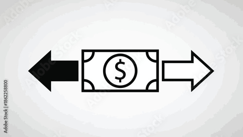 A simple black and white illustration depicts money being exchanged with arrows indicating inflow and outflow of capital