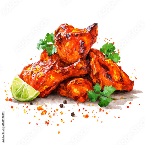 Tandoori Chicken, watercolor painting, vector illustration, isolated on a white background.