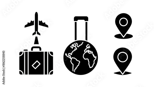 Set of black icons representing travel and navigation with airplane, suitcase, globe, and map pins