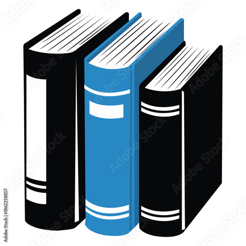 A stack of three books with black and blue covers on a white background