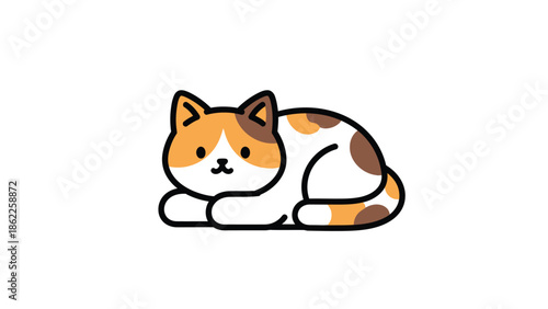A cute cartoon calico cat lying down on a plain white background with a playful and relaxed mood.