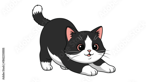 A black and white cartoon cat stretching forward with a playful expression on a plain white background.