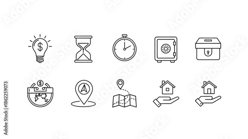 A collection of various linear icons depicting finance time management security and concepts of home ownership