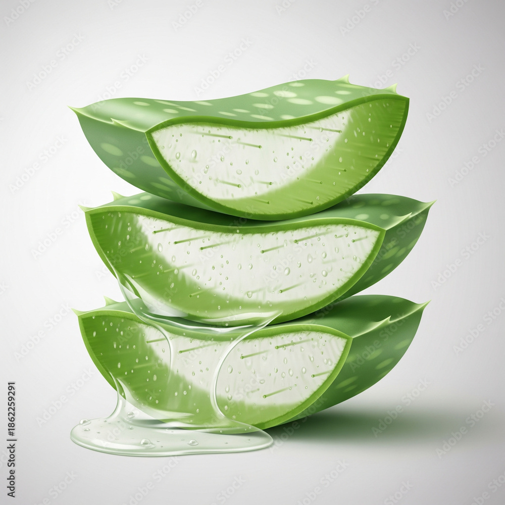 Obraz premium Stacked aloe vera slices with oozing gel symbolizing hydration and natural
