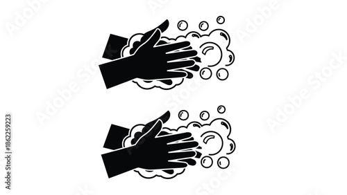 A simple black and white illustration depicts hands washing with soap and water emphasizing hygiene practices and cleanliness