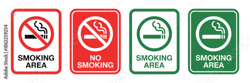 No smoking area and smoking area signs vector set, red stop symbols, prohibition icons, safety warning template, ban illustration, public area regulation, and high ranking design for print or digital 