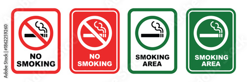 No smoking area and smoking area sign printable, red stop symbol set, ban silhouette icon design template, public safety warning, prohibition graphics, and vector illustration for signage.