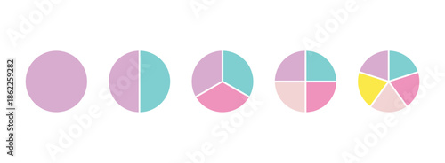 Circle division infographic colorful icon set. Infographic wheel segment and fraction. Pie chart divided equal parts. Color round diagram.