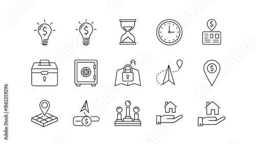 A collection of minimalistic line icons representing finance time management investment and business concepts displayed in a grid format