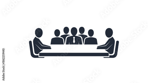 A simple illustration depicts a group of people seated around a rectangular table suggesting a meeting or discussion