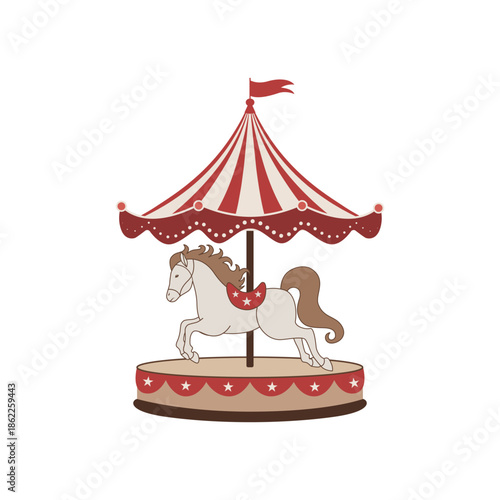 Vector illustration of a vintage carousel horse with striped canopy and flag