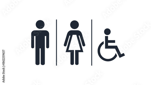 A simple black and white restroom sign depicting male female and wheelchair accessibility symbols for inclusivity