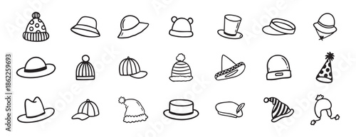 hat doodle hand drawn icon set. Outline drawing hats line clipart symbol collection