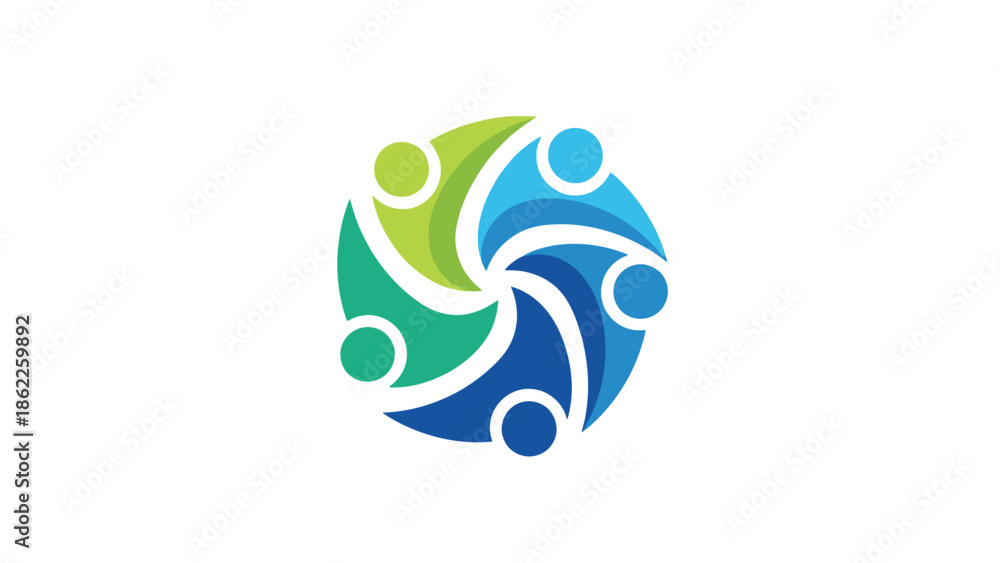 Naklejka premium A vibrant circular logo featuring stylized human figures in shades of green and blue symbolizing collaboration and unity