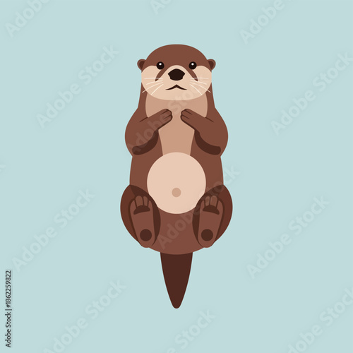 Adorable cartoon otter sitting upright with hands together on a blue background.