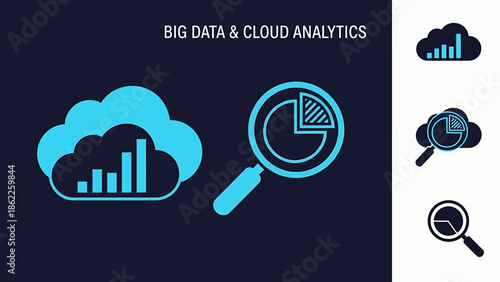 Vector illustration of big data and cloud analytics concepts with detailed icons for information processing and digital insights