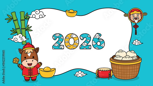 Festive Lunar New Year 2026 illustration featuring a joyful horse character, lucky gold ingots, delicious dumplings, and traditional decorations